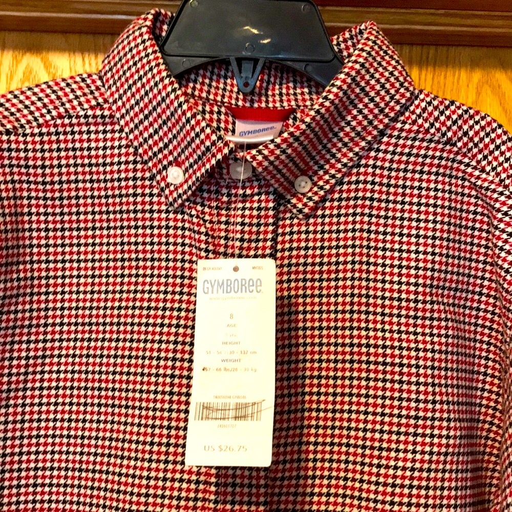 New Gymboree boy’s 8 Holiday Classics houndstooth button down shirt red black